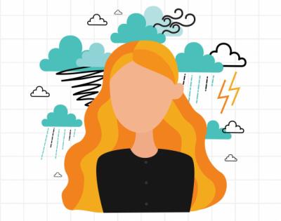 animated person with long orange hair and clouds swirling around their head to represent uncontrolled emotions